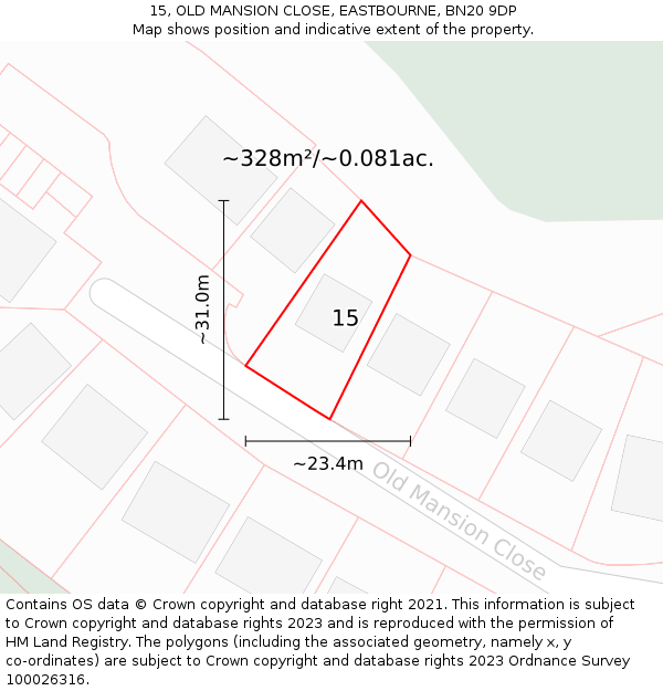 15, OLD MANSION CLOSE, EASTBOURNE, BN20 9DP: Plot and title map