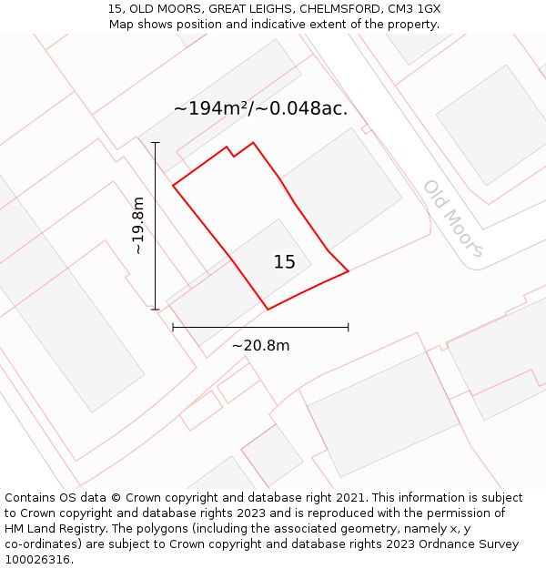 15, OLD MOORS, GREAT LEIGHS, CHELMSFORD, CM3 1GX: Plot and title map
