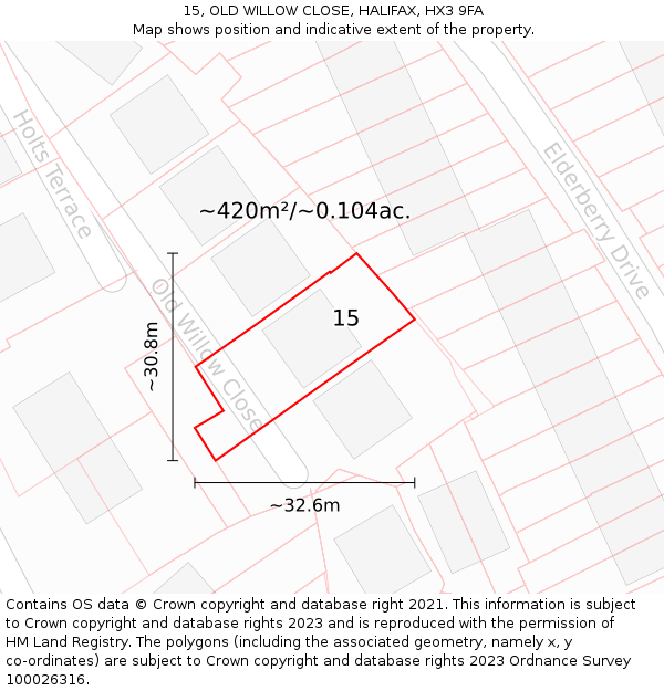 15, OLD WILLOW CLOSE, HALIFAX, HX3 9FA: Plot and title map