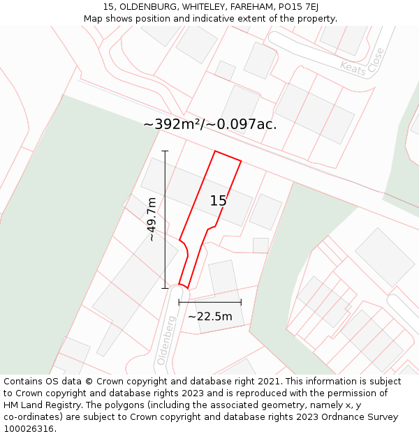 15, OLDENBURG, WHITELEY, FAREHAM, PO15 7EJ: Plot and title map