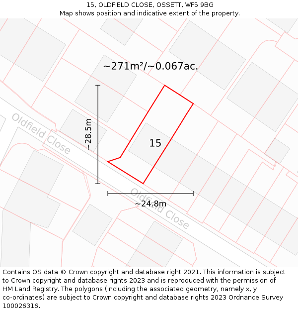 15, OLDFIELD CLOSE, OSSETT, WF5 9BG: Plot and title map