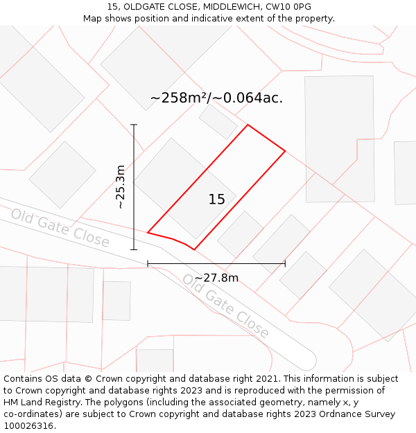 15, OLDGATE CLOSE, MIDDLEWICH, CW10 0PG: Plot and title map