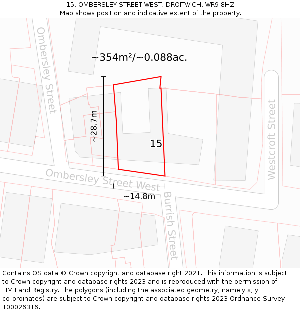 15, OMBERSLEY STREET WEST, DROITWICH, WR9 8HZ: Plot and title map