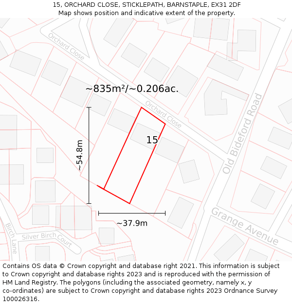 15, ORCHARD CLOSE, STICKLEPATH, BARNSTAPLE, EX31 2DF: Plot and title map
