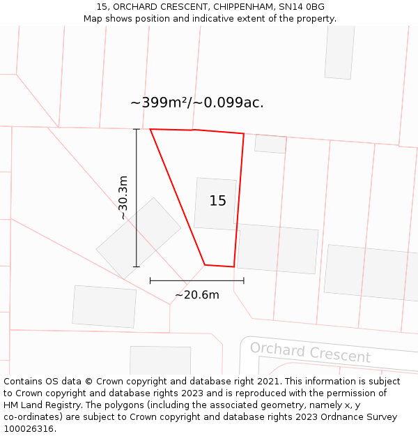 15, ORCHARD CRESCENT, CHIPPENHAM, SN14 0BG: Plot and title map