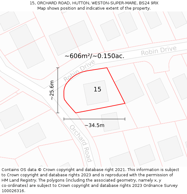 15, ORCHARD ROAD, HUTTON, WESTON-SUPER-MARE, BS24 9RX: Plot and title map