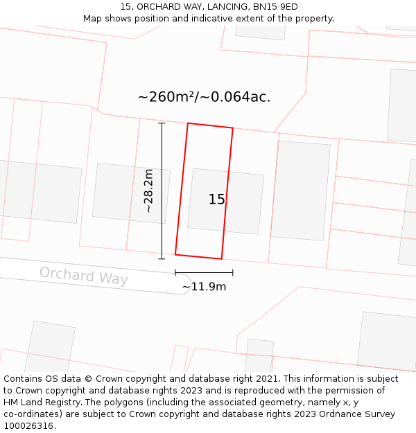 15, ORCHARD WAY, LANCING, BN15 9ED: Plot and title map