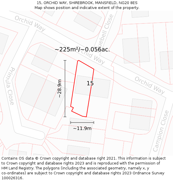 15, ORCHID WAY, SHIREBROOK, MANSFIELD, NG20 8ES: Plot and title map