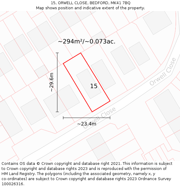 15, ORWELL CLOSE, BEDFORD, MK41 7BQ: Plot and title map