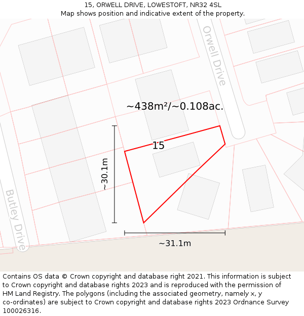 15, ORWELL DRIVE, LOWESTOFT, NR32 4SL: Plot and title map