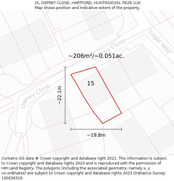 15, OSPREY CLOSE, HARTFORD, HUNTINGDON, PE29 1UX: Plot and title map