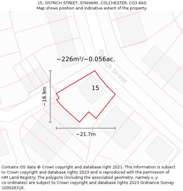 15, OSTRICH STREET, STANWAY, COLCHESTER, CO3 8AS: Plot and title map