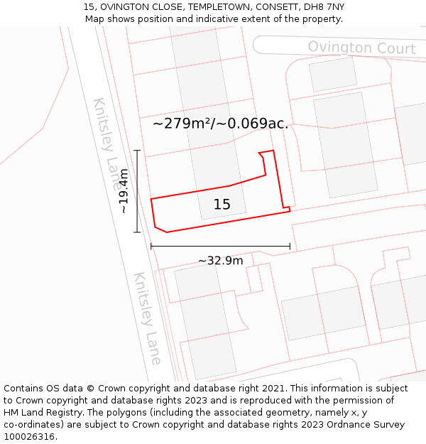 15, OVINGTON CLOSE, TEMPLETOWN, CONSETT, DH8 7NY: Plot and title map