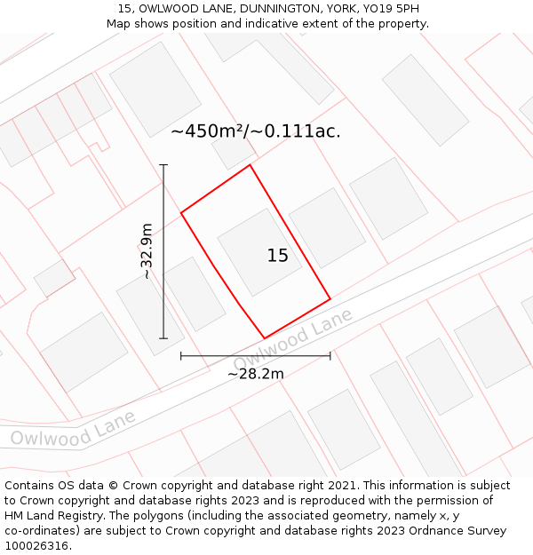 15, OWLWOOD LANE, DUNNINGTON, YORK, YO19 5PH: Plot and title map