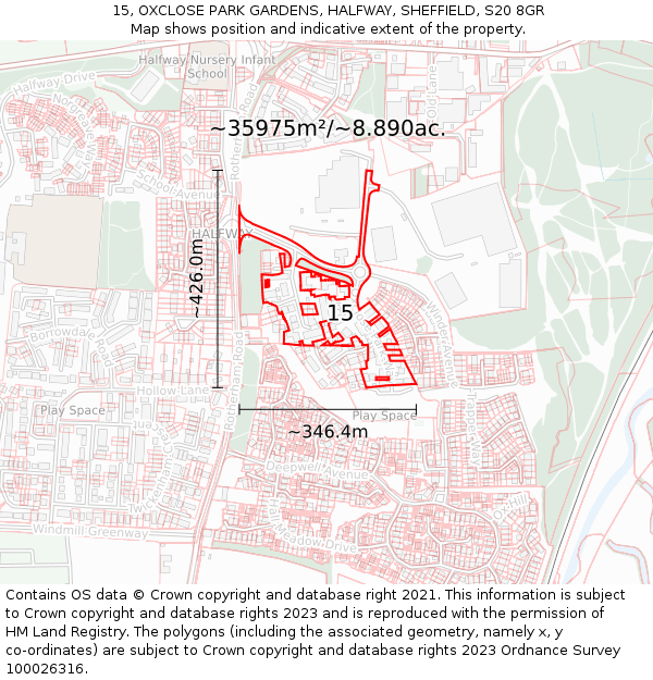15, OXCLOSE PARK GARDENS, HALFWAY, SHEFFIELD, S20 8GR: Plot and title map