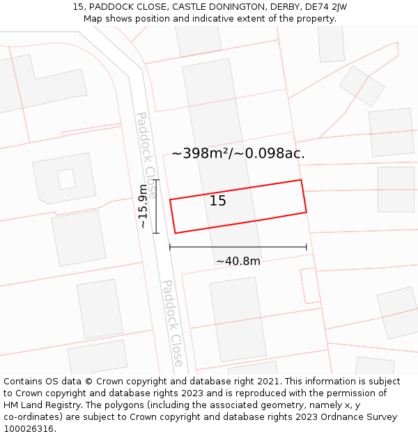 15, PADDOCK CLOSE, CASTLE DONINGTON, DERBY, DE74 2JW: Plot and title map