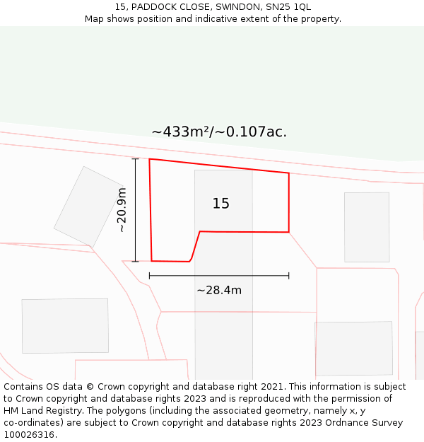15, PADDOCK CLOSE, SWINDON, SN25 1QL: Plot and title map