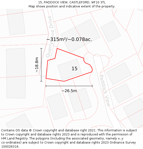 15, PADDOCK VIEW, CASTLEFORD, WF10 3TL: Plot and title map