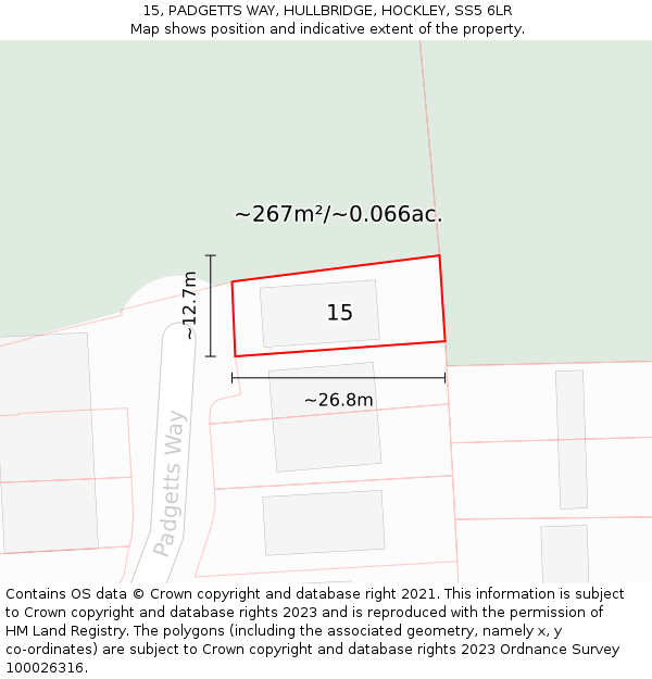 15, PADGETTS WAY, HULLBRIDGE, HOCKLEY, SS5 6LR: Plot and title map