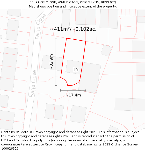 15, PAIGE CLOSE, WATLINGTON, KING'S LYNN, PE33 0TQ: Plot and title map