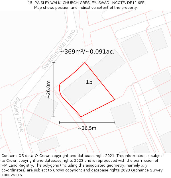 15, PAISLEY WALK, CHURCH GRESLEY, SWADLINCOTE, DE11 9FF: Plot and title map