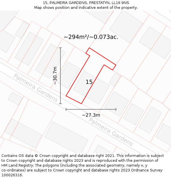 15, PALMEIRA GARDENS, PRESTATYN, LL19 9NS: Plot and title map