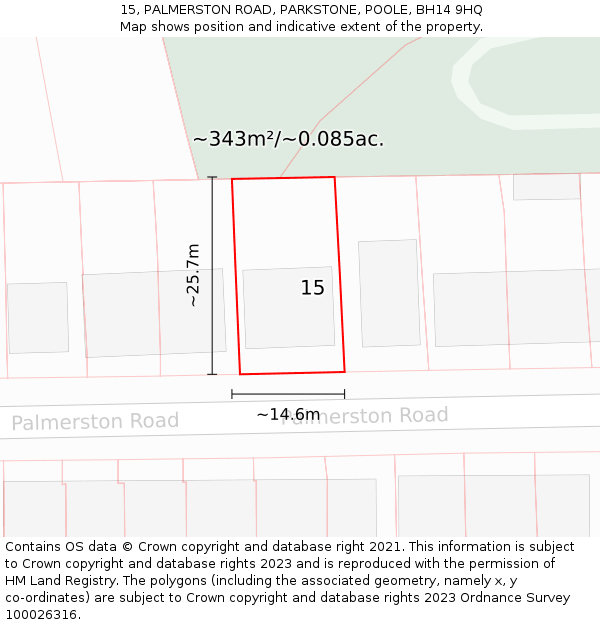 15, PALMERSTON ROAD, PARKSTONE, POOLE, BH14 9HQ: Plot and title map