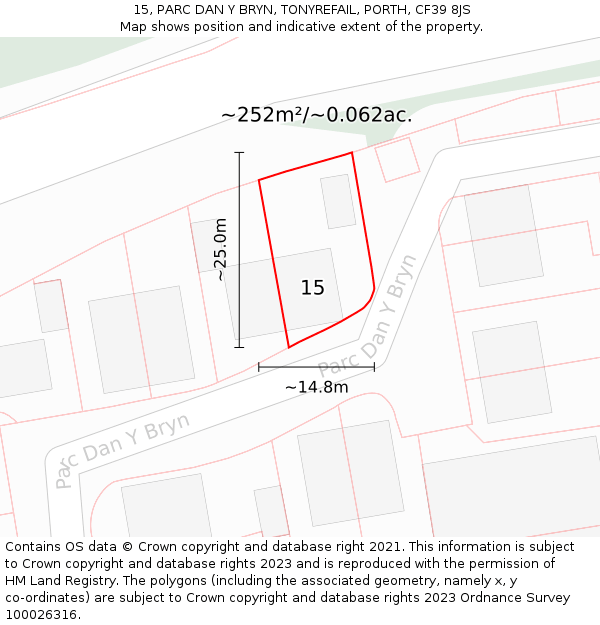 15, PARC DAN Y BRYN, TONYREFAIL, PORTH, CF39 8JS: Plot and title map