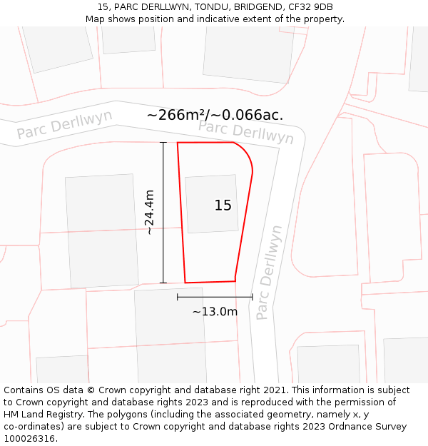 15, PARC DERLLWYN, TONDU, BRIDGEND, CF32 9DB: Plot and title map