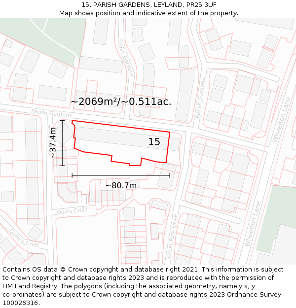 15, PARISH GARDENS, LEYLAND, PR25 3UF: Plot and title map