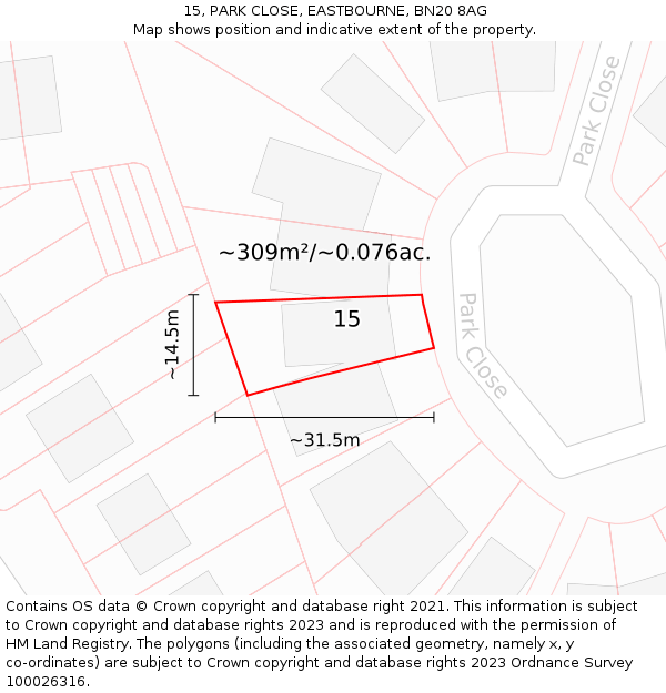 15, PARK CLOSE, EASTBOURNE, BN20 8AG: Plot and title map
