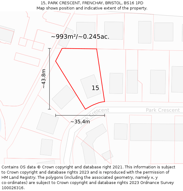 15, PARK CRESCENT, FRENCHAY, BRISTOL, BS16 1PD: Plot and title map