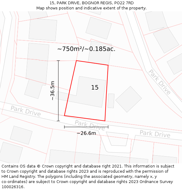 15, PARK DRIVE, BOGNOR REGIS, PO22 7RD: Plot and title map