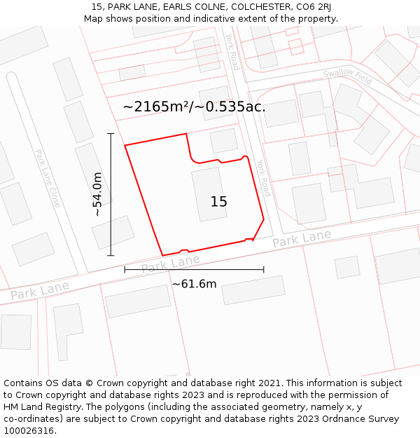 15, PARK LANE, EARLS COLNE, COLCHESTER, CO6 2RJ: Plot and title map