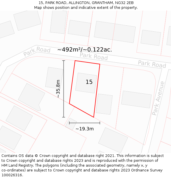 15, PARK ROAD, ALLINGTON, GRANTHAM, NG32 2EB: Plot and title map