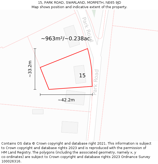 15, PARK ROAD, SWARLAND, MORPETH, NE65 9JD: Plot and title map