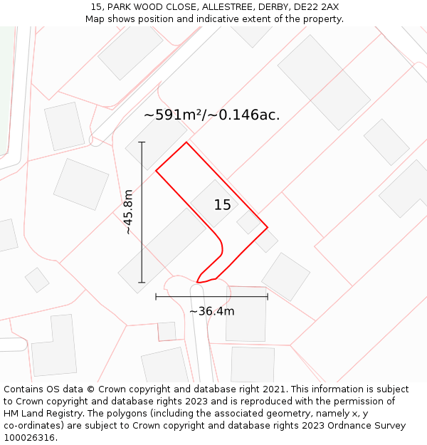 15, PARK WOOD CLOSE, ALLESTREE, DERBY, DE22 2AX: Plot and title map