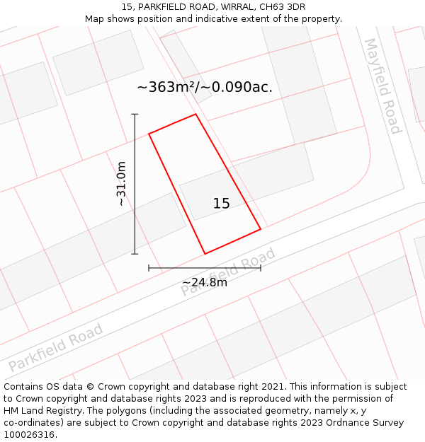 15, PARKFIELD ROAD, WIRRAL, CH63 3DR: Plot and title map