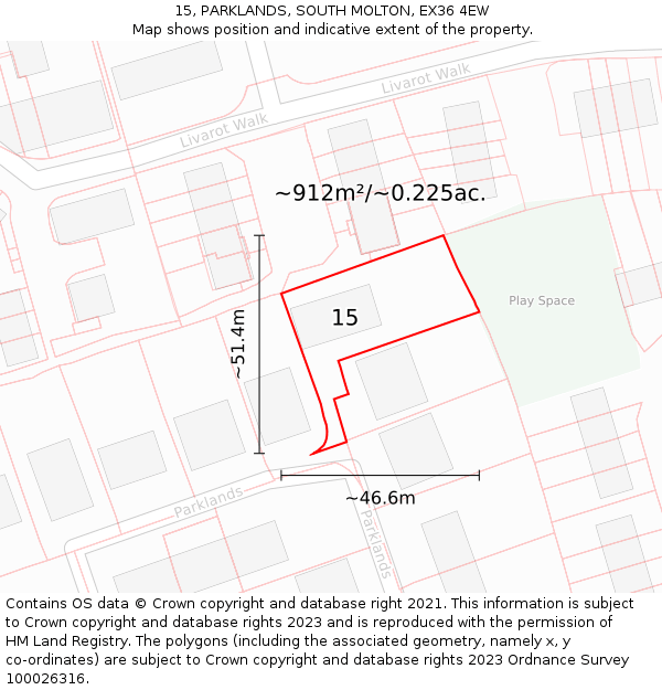 15, PARKLANDS, SOUTH MOLTON, EX36 4EW: Plot and title map
