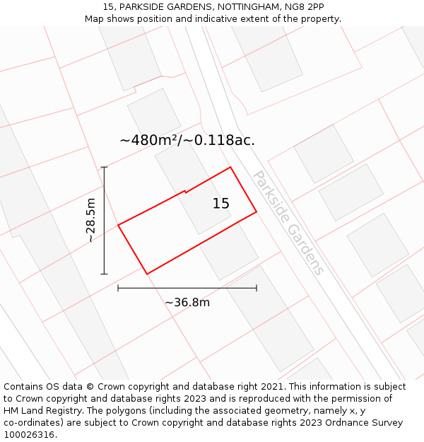 15, PARKSIDE GARDENS, NOTTINGHAM, NG8 2PP: Plot and title map