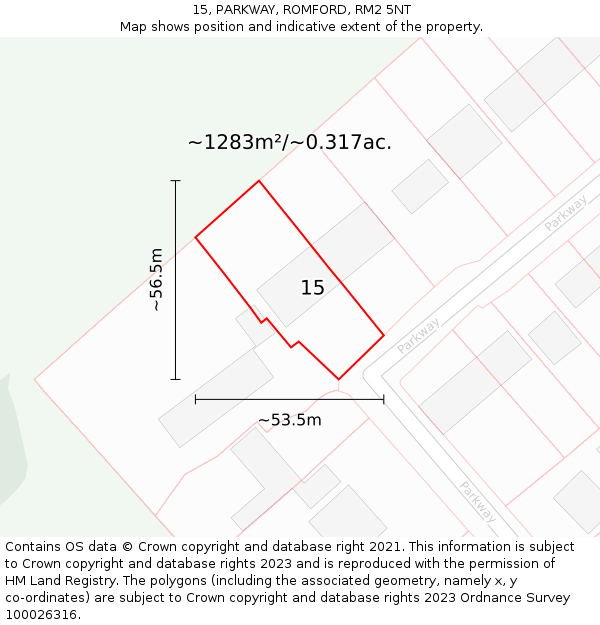15, PARKWAY, ROMFORD, RM2 5NT: Plot and title map