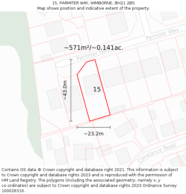 15, PARMITER WAY, WIMBORNE, BH21 2BS: Plot and title map