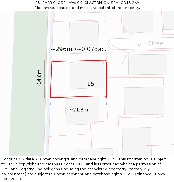 15, PARR CLOSE, JAYWICK, CLACTON-ON-SEA, CO15 2NY: Plot and title map