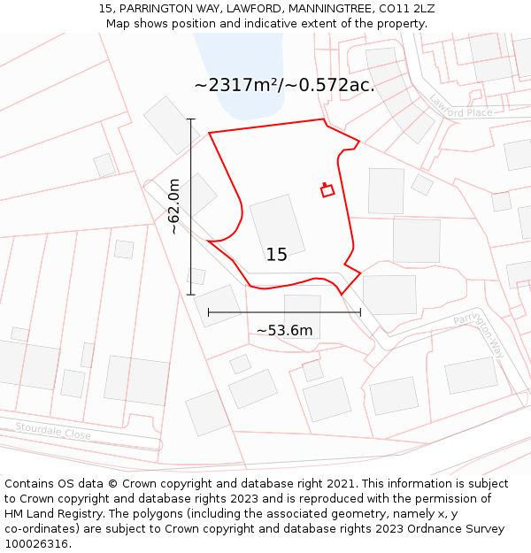 15, PARRINGTON WAY, LAWFORD, MANNINGTREE, CO11 2LZ: Plot and title map