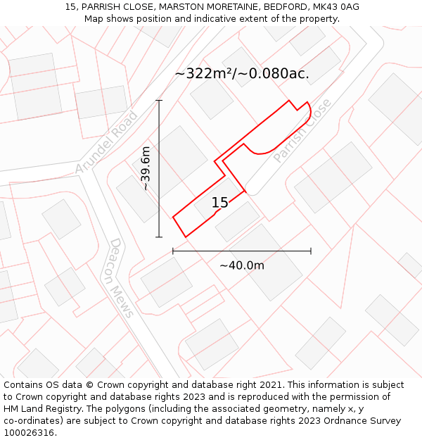 15, PARRISH CLOSE, MARSTON MORETAINE, BEDFORD, MK43 0AG: Plot and title map