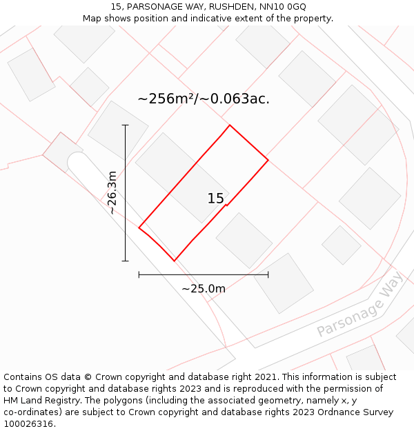 15, PARSONAGE WAY, RUSHDEN, NN10 0GQ: Plot and title map