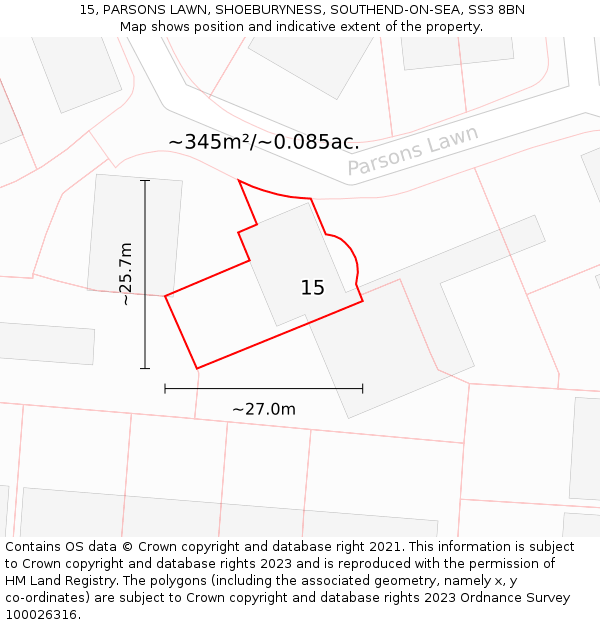 15, PARSONS LAWN, SHOEBURYNESS, SOUTHEND-ON-SEA, SS3 8BN: Plot and title map