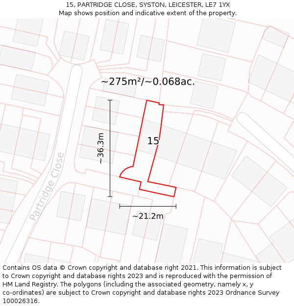15, PARTRIDGE CLOSE, SYSTON, LEICESTER, LE7 1YX: Plot and title map