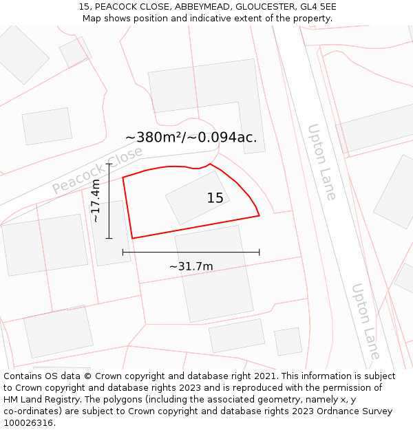 15, PEACOCK CLOSE, ABBEYMEAD, GLOUCESTER, GL4 5EE: Plot and title map