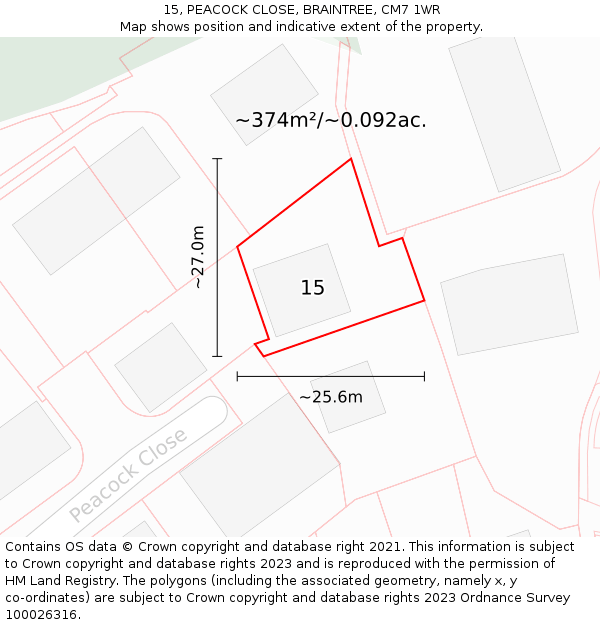 15, PEACOCK CLOSE, BRAINTREE, CM7 1WR: Plot and title map